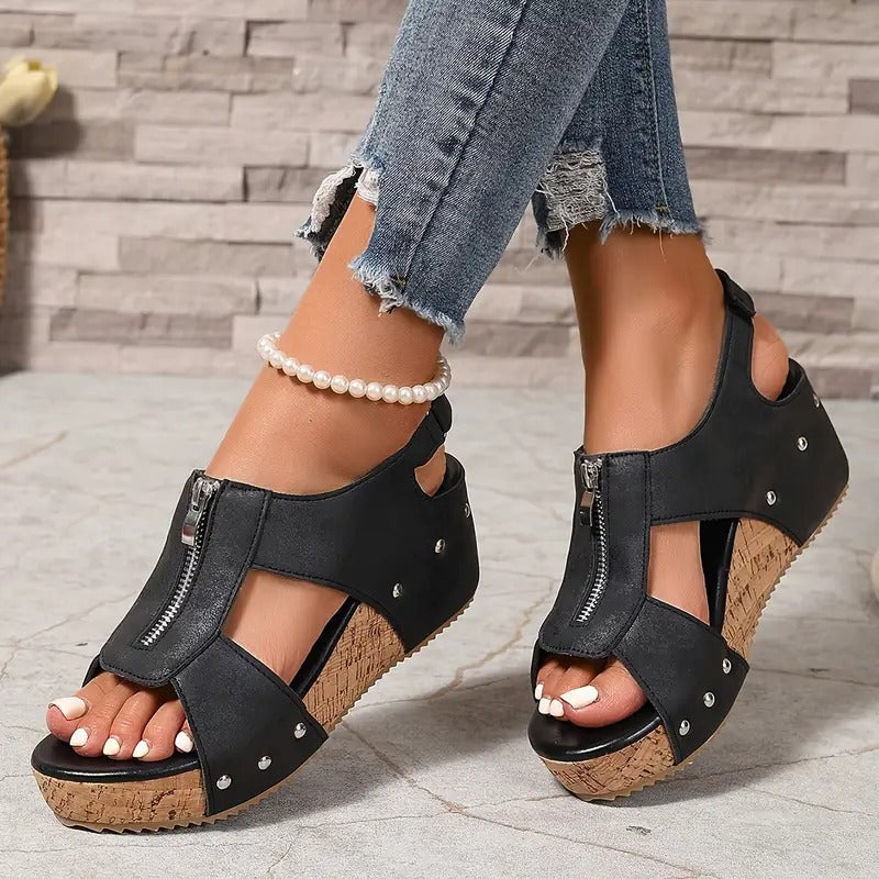 Stylish Retro Wedge Sandals with Zip Closure
